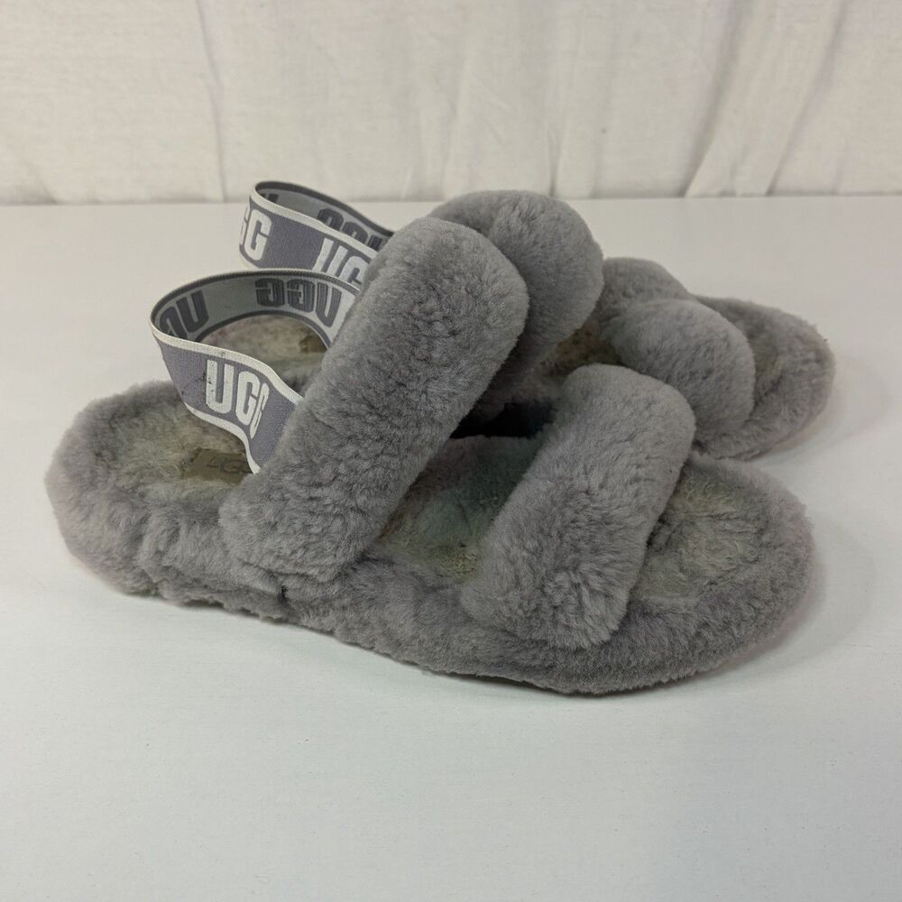 UGG Oh Yeah Gray Fluffy Slide Sandals Slippers Women's Size 8 Strappy Platform